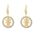 Gold plated stainless steel hoop earrings featuring a girl silhouette with pavé crystals - Gold Little Girl Style (KE79895-GC)