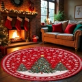 Rond kerstvloerkleed met sneeuwman en bomen op houten vloer in gezellige woonkamer - Sdj_rond Tapijt-2 / 80*80cm (imitatie Kasjmier)