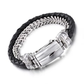 Men's double-layer bracelet with black braided leather, silver metal chain and buckle - Steel Color (KB69693-BD)