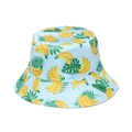 Detailed view of light blue bucket hat with banana and tropical leaf print pattern - Light Blue Banana and Tropical Leaves (A)