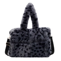 Plush leopard print tote bag in grey and black with adjustable nylon shoulder strap - Blue Gray