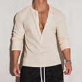Men's cream waffle knit long sleeve henley polo shirt for fitness and casual wear - S / Off White