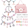 Pink DIY charm bracelet set with flower handbag and various colorful crystal beads - Silver Pink