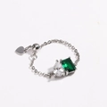 Adjustable silver chain ring with emerald cut green zircon and pear cut white stone - Green + White Zircon - Platinum