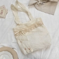 Chic cream canvas tote bag with floral lace trim, wooden bead drawstring, and tassel detail - Beige Lace Shoulder Style