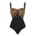 Costume intero nero con ricamo a raggiera dorato e scollatura a cuore femminile - S / Costume da Bagno Intero a Raggi di Sole Singolo