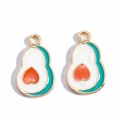 Detailed view of two avocado-shaped alloy pendants with enamel filling and gold metal edges - Blue Avocado