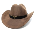 Detail of woven brown cowboy hat featuring black leather band and brass bull head buckle - M(56-58cm) / Striped Khaki