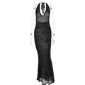 Eleganteres schwarzes Pailletten-Abendkleid mit tiefem V-Ausschnitt und Halterneck-Stil - S / Schwarz
