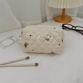 Detail of bear print corduroy makeup bag with rhombus quilting and brand label - Cream White Pencil Case (41012) / 19x9x6.5cm