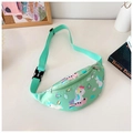 Close-up of mint green nylon kids fanny pack featuring cute unicorn and rainbow prints - Green Unicorn