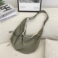 Green checkered crescent nylon crossbody bag with side drawstring details for women - Green