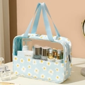 Blue makeup bag with white daisy pattern, transparent PVC panel and double handles - Large / Blue Daisy