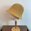 Hollow knit mustard yellow bucket hat for women with breathable crochet pattern - M / Khaki
