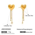 Detail view of gold heart tassel earrings with white zircon accents and measurements - Gold Heart Tassel Style (JDE0305083)