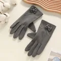 Dark grey touchscreen winter gloves with plush lining and elegant bow decoration - One Size / Herringbone Bow Grey