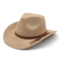 Detail of tan suede cowboy hat featuring dark brown decorative band and curved brim - M (56-59cm) / Camel