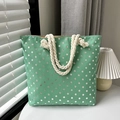 Green faux linen canvas tote bag with silver polka dots and hemp rope handles - Green with Silver Polka Dots
