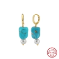 Pendientes bohemios de turquesa y perlas, plata de ley 925 con elegante acabado dorado - Bañado en Oro de 14K 4.54g