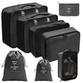 7-piece black travel organizer set with mesh packing cubes and drawstring bags - Gen 2 Shoe Bag 8-Piece Set / Black