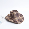 Detailed view of the western cowboy hat with patchwork canvas and fringe raw edges - Age 10 to Adult (55-60cm) / Coffee