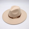 Classic beige wide-brim felt fedora hat featuring a brown leather belt with gold buckle - Beige (Heart Buckle)