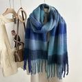 Detailed texture of mohair plaid scarf with thick twisted tassels and blue gradient fringe - 38*250cm / Royal Blue Plaid