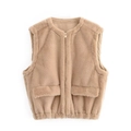 Faux rabbit fur sleeveless vest with zipper, round neck and elastic hem in beige color - XS / Khaki