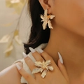 Elegant gold wrinkled flower earring and matching open ring jewelry set for women - Flower Earrings and Ring
