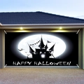 Halloween garage door banner with haunted castle silhouette and Happy Halloween text - 100cmx70cm / Black and White Silhouette Castle Style (WS099)