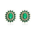 Close-up of vintage sunflower stud earrings with green emerald zircon and 18K gold plating - Emerald Green Sunflower (42503)
