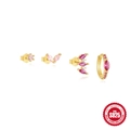 Minimalist S925 sterling silver 4-piece earring set with gold plating and pink crystals - 4 Pcs Set - Gold with Pink Zirconia