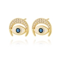 Golden crescent moon and evil eye stud earrings with blue gemstone and diamonds - Evil Eye Style (E978)