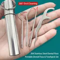 304 stainless steel toothpick set with portable metal storage tube and dental hook - 4-Piece Set (3 Long Picks + Floss + Case)