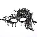 Detail of black lace masquerade mask with peacock feather pattern and beaded tassels - Peacock