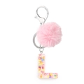 Pink faux fur pompom keychain with a resin letter L filled with colorful confetti - Letter L