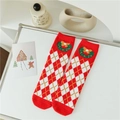 Kerstsokken van koraalvlies met rood-witte ruitpatronen en kransdetails aan de top - Eén Maat(35-39) / Rood Ruit