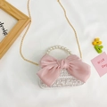 Pink and white woven crossbody bag with a large ribbon bow and pearl handle for girls - Large White