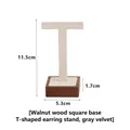 Walnut wood T-shaped earring stand with grey velvet finish and stable square base - T-Shape Earring Rack - Grey Velvet