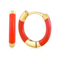 Detailed macro view of gold-plated hoop earrings with vibrant red enamel coating - Red