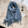 Soft blue imitation cashmere scarf with tassels on beige plush background for winter - 200*65cm / Denim Blue