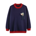 Women's loose navy blue knit sweater with red rib trim and 3D teddy bear accent - S / Navy Blue