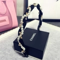 Elegant twisted black fabric headband with faux pearls and golden rhinestones - g-097 Black