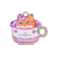 Close-up of cute orange tabby cat in floral teacup metal pendant with silver edges - Purple