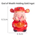 Cute resin Caishen figurine in red traditional dress with gold ingot, size 6.5x3.5cm - Vinyl God of Wealth with Ingot