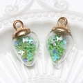 Teardrop glass pendants with green iridescent star sequins and gold metal caps - Water Drop / Grass Green