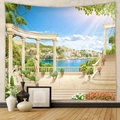Dettaglio dell'arazzo da parete con paesaggio costiero mediterraneo e colonne di marmo classiche - 73*95CM / GT109908 / Tessuto Spazzolato