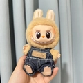 Labubu doll accessory featuring dark blue denim overalls with smile patch detail - Smile Springfield Overalls / First And Second Generation Keychains Are Compatible With La Cloth Dolls. Dolls Not Included.
