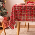Mantel navideño con estampado de cuadros rojos y flecos de pompones blancos - 140*160cm / Cuadros Rojos y Amarillos con Pequeñas Bolas de Nieve