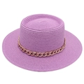 Macro shot of purple woven straw flat top hat with a metallic gold chain band detail - One Size / Taro Purple (with Acrylic Chain Decor)